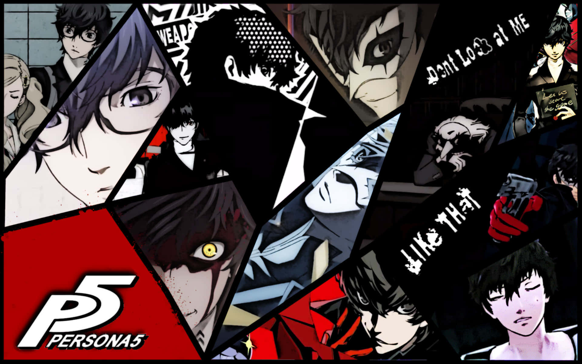 Persona 5 動畫角色拼貼畫，採用大膽的紅色和黑色圖形。