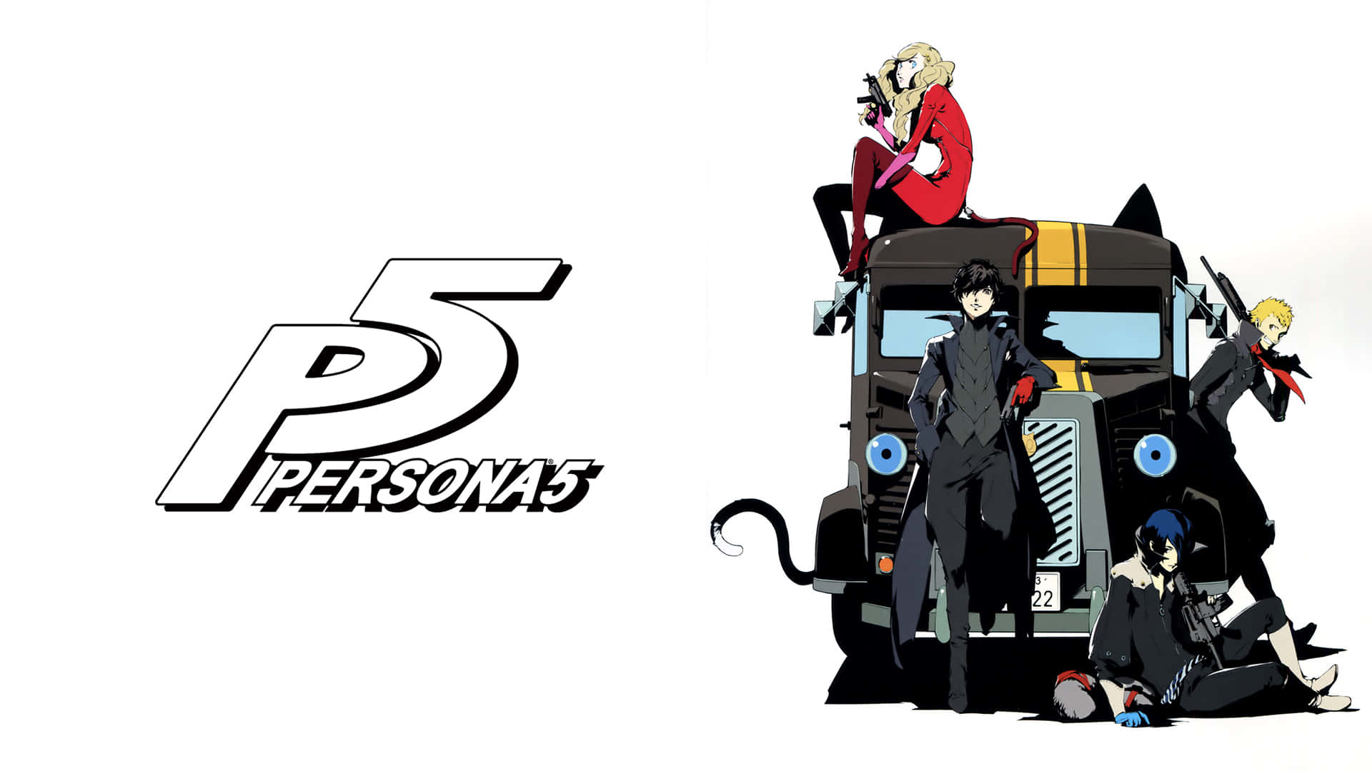 Persona 5遊戲標誌，四個動漫角色圍繞黑色貓主題卡車擺姿勢。