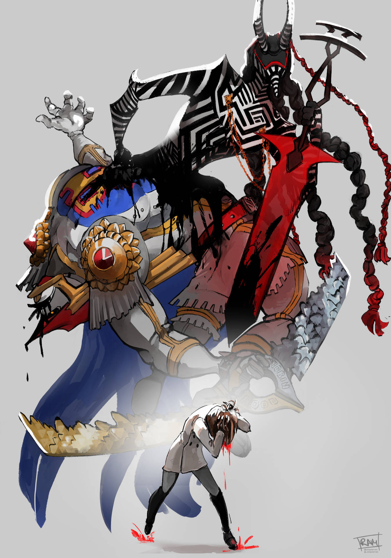 一個巨大的動漫惡魔戰士手持劍，俯瞰一個流血的小人物。