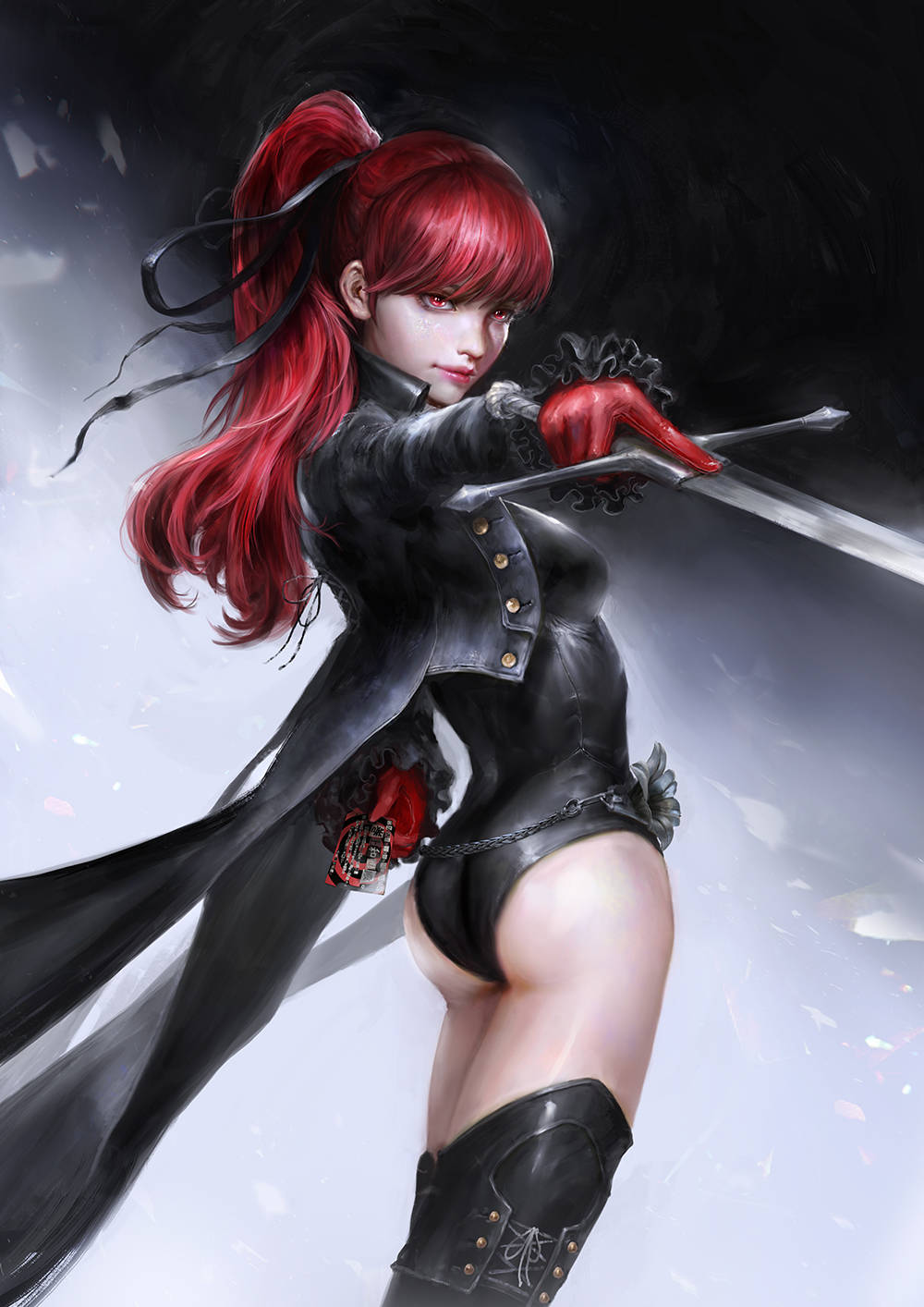 紅髮黑色皮革服裝的動漫女戰士揮舞著劍。