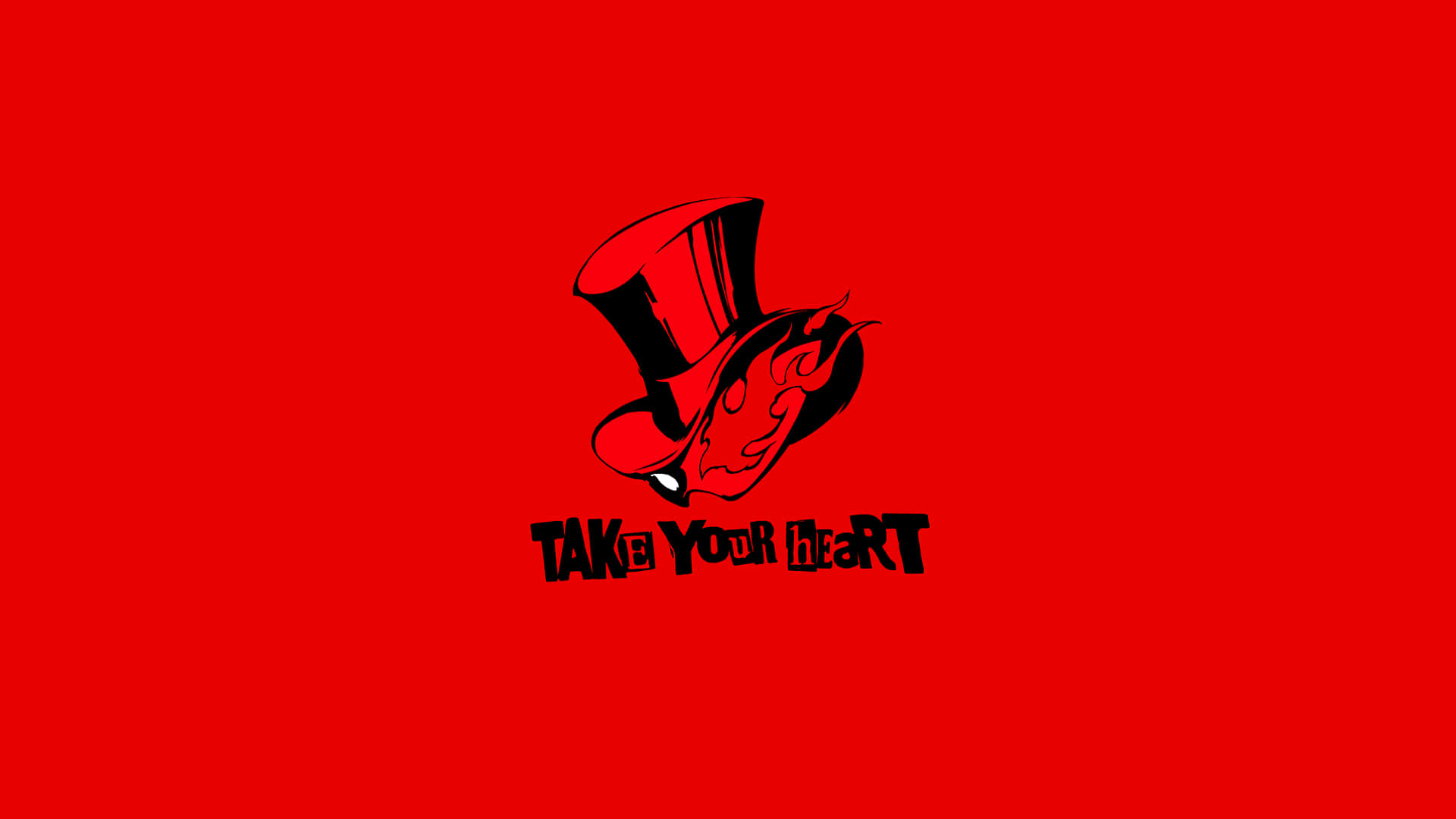 紅色高頂帽，火焰心形和文字 take your heart，紅色背景