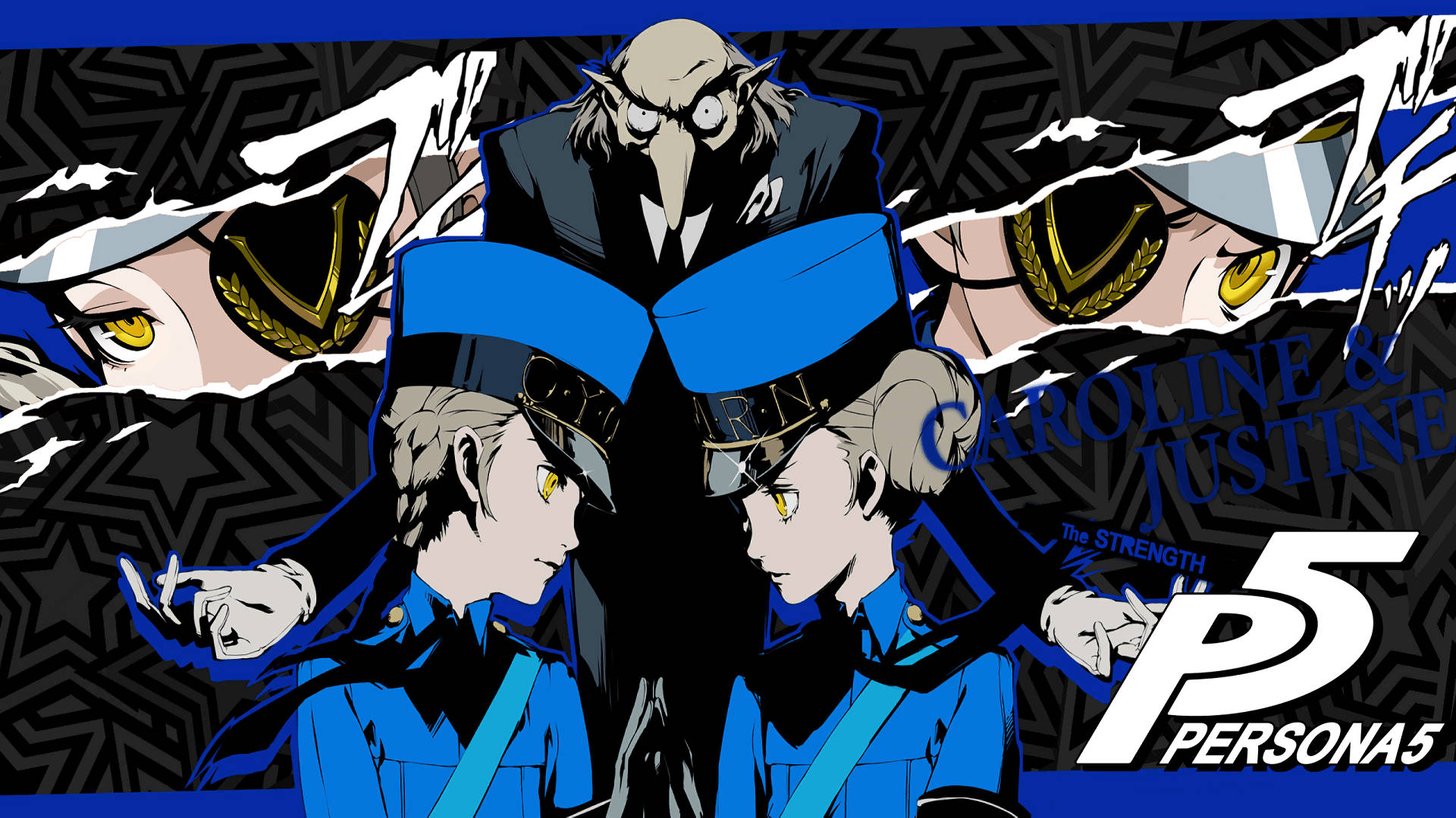 兩個身穿藍色制服、黃色眼睛的動漫角色在一個圖形化的 Persona 5 場景中對峙。