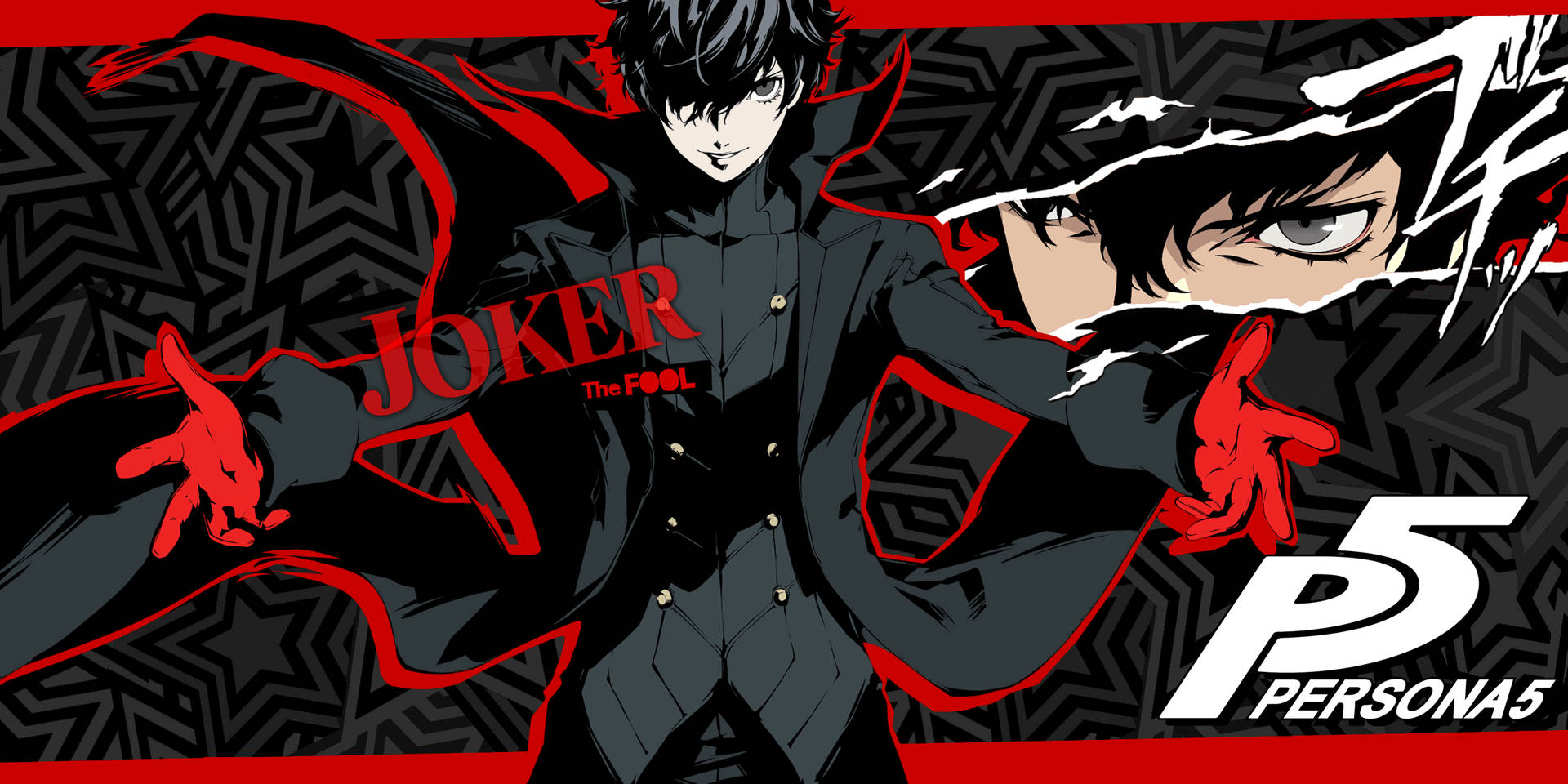 來自《女神異聞錄5》的動漫角色Joker，身穿黑色西裝，戴紅色手套，附有文字。