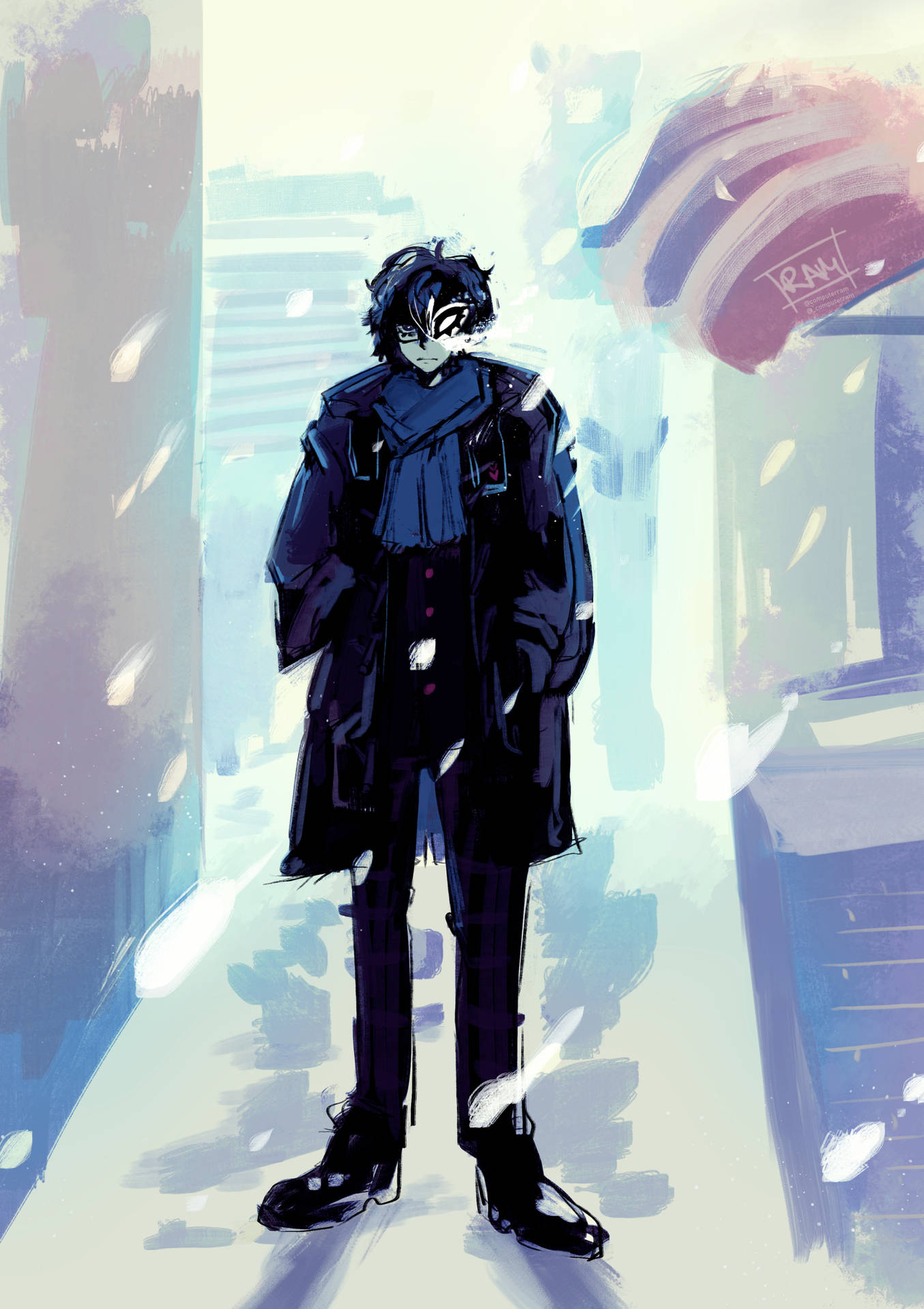 動漫角色穿著深色外套站在雪中城市小巷。