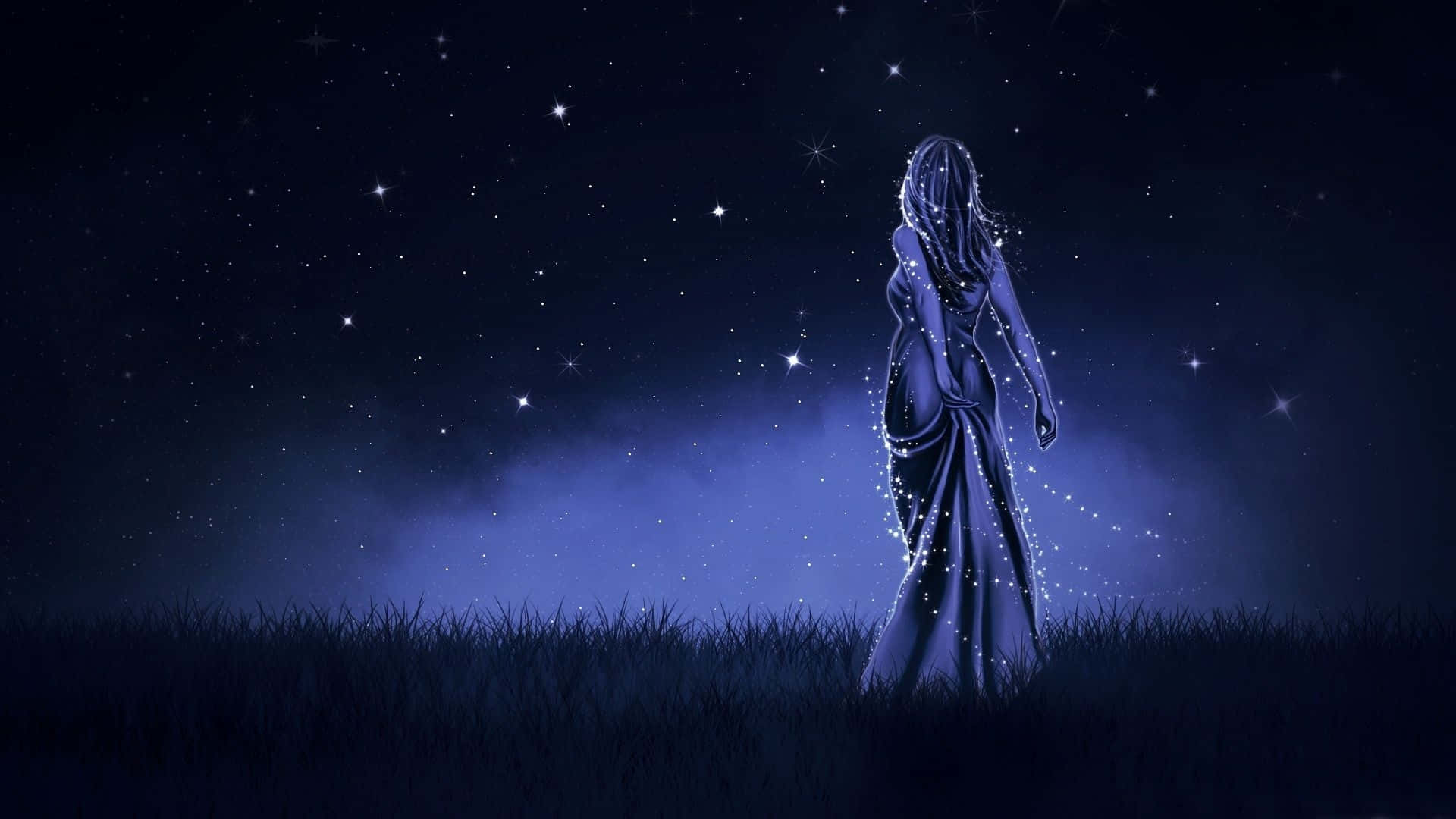 一位穿著發光長袍的女性，站在星空下的草地上。