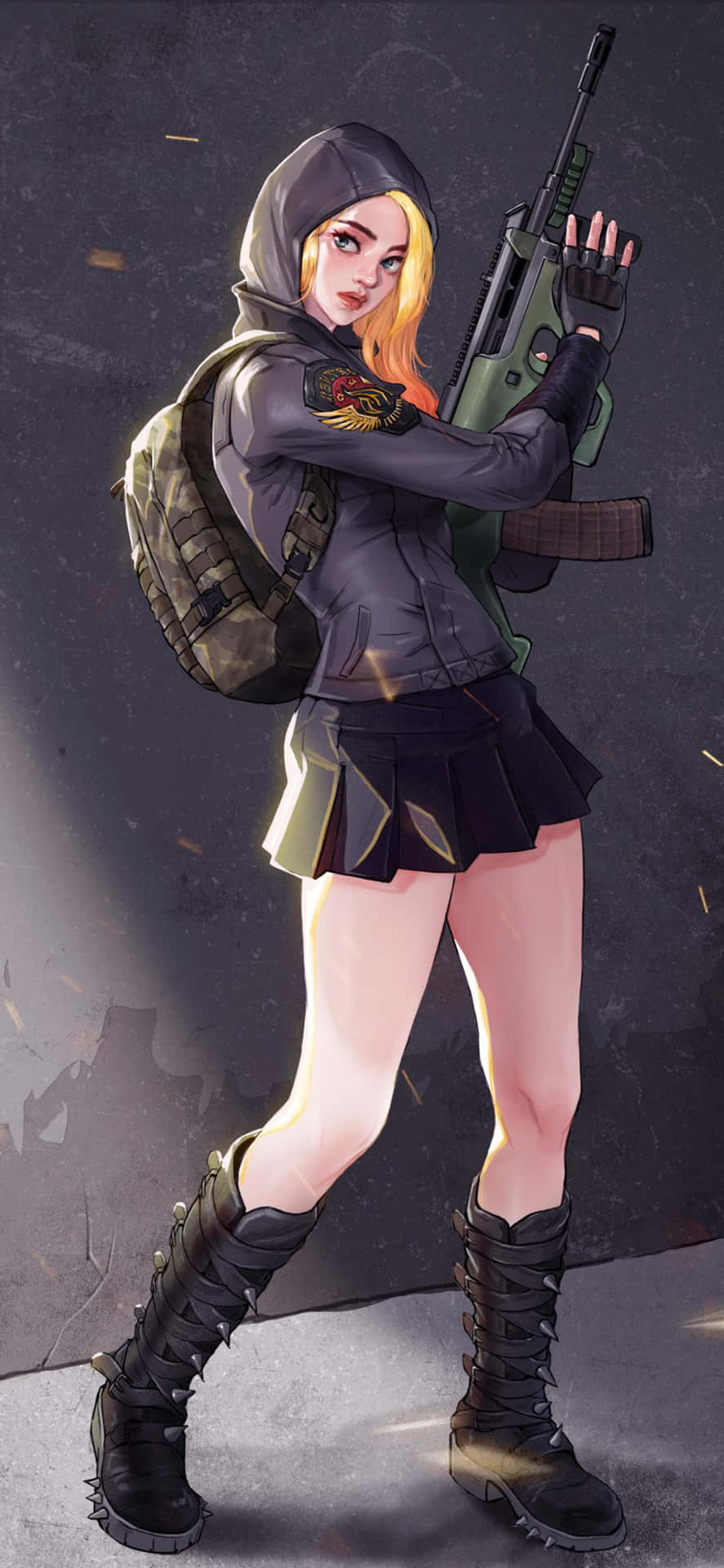金髮動漫女孩穿著連帽衫和裙子，手持步槍，火花四濺的城市場景。