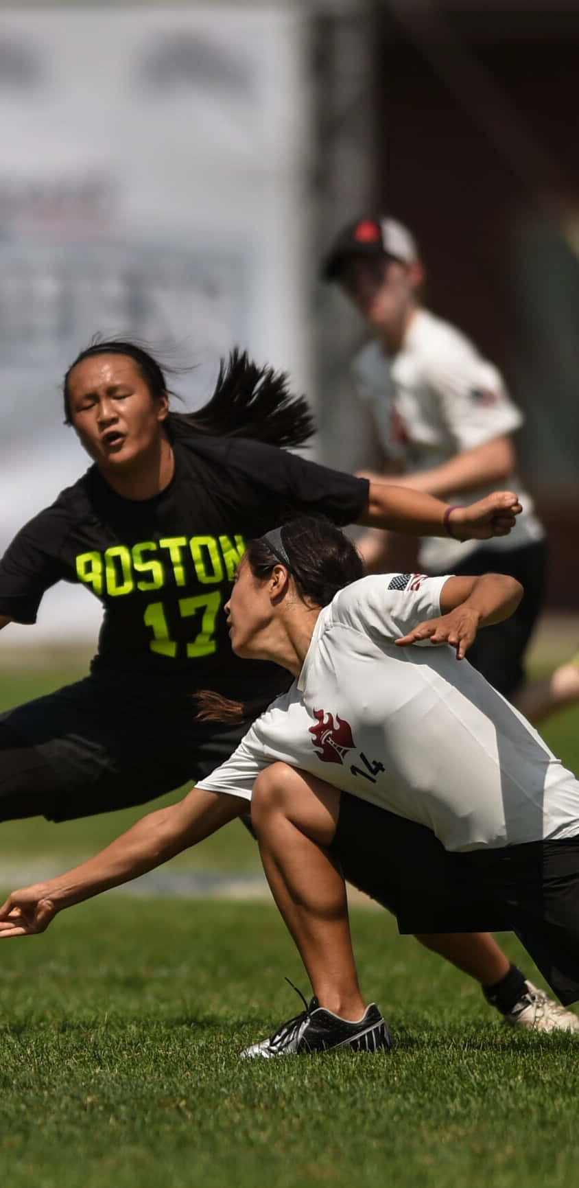 女運動員在Android Ultimate Frisbee背景中防守 壁紙 — 兩名女子極限飛盤選手在陽光明媚的草地上激烈競爭，一人向前猛衝，另一人飛身撲接飛盤。
