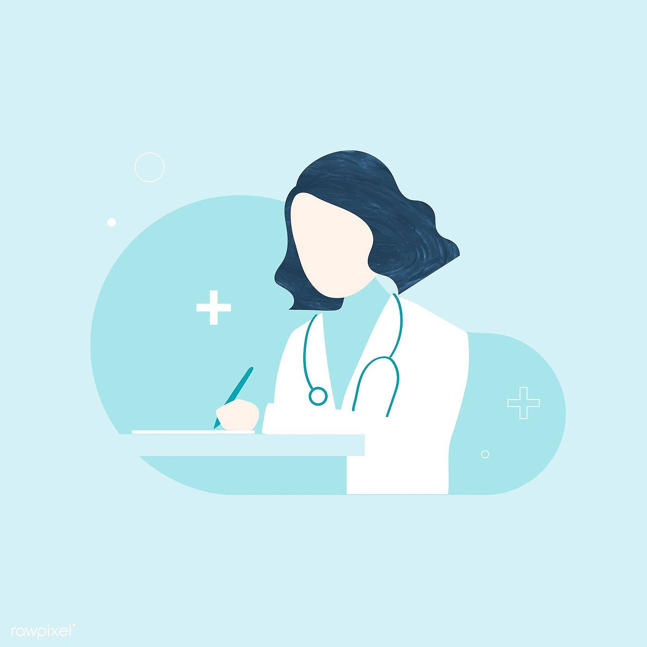 女醫生極簡藝術 壁紙 — 一位深色頭髮、戴著聽診器的醫生在柔和藍色背景的書桌前寫字的極簡插圖。