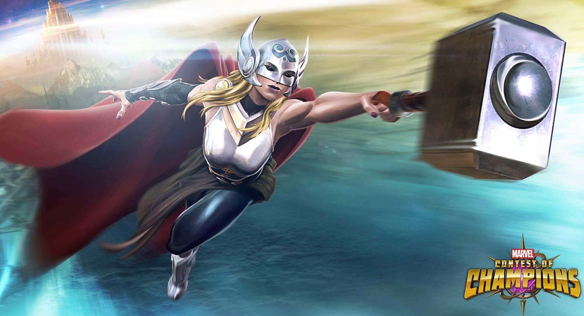 Jane Foster 桌布 壁紙 — 女雷神動態地翱翔於發光的天空中，揮舞著她的錘子，身後飄揚著紅色斗篷。
