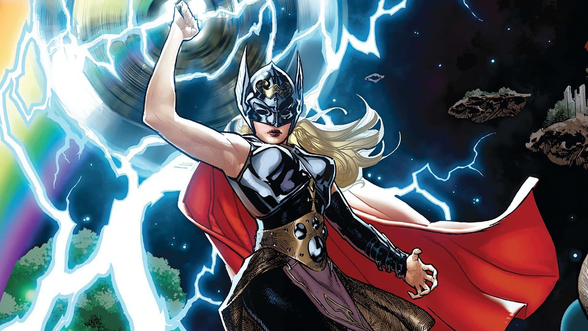 Jane Foster 桌布 壁紙 — 女雷神在宇宙戰鬥中揮舞閃電，周圍漂浮著小行星和充滿活力的能量束。