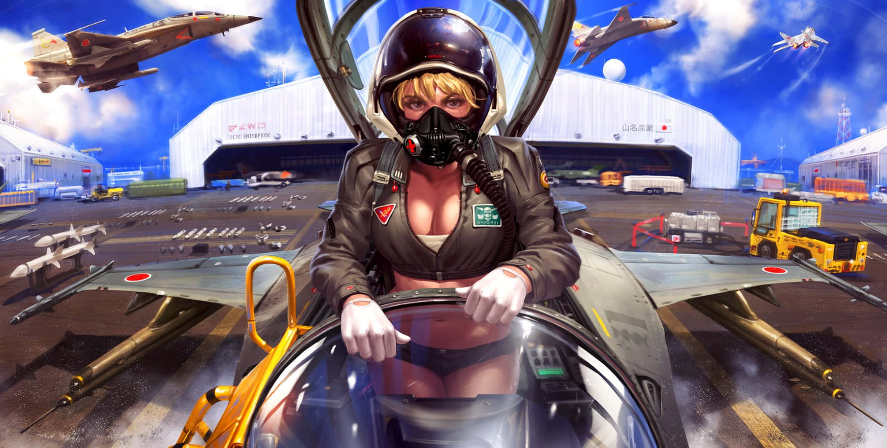 女飛行員繪畫藝術 壁紙 — 一位金髮女飛行員在戰鬥機駕駛艙內，背景有飛機和機庫，天空湛藍。