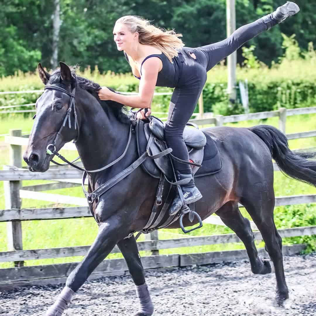 女騎手策騎西里西亞馬並高舉一腳 壁紙 — 一名身穿黑色運動服的女性在圍欄戶外場地騎著黑馬表演高踢腿。