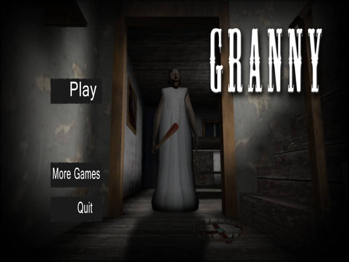 「Granny」的遊戲菜單，顯示走廊中可怕的婆婆和遊戲選項。