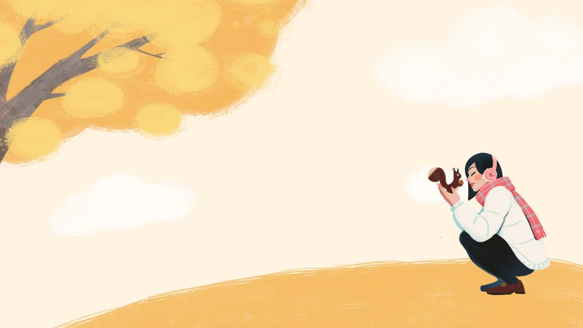 一個穿著白色外套和紅色圍巾的人在秋天蹲下抱著松鼠。