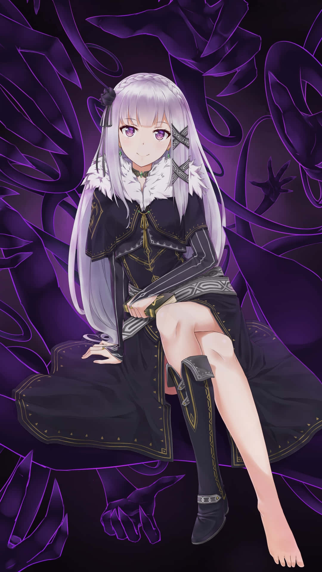 銀髮動漫女孩身穿暗黑哥德式服裝，被紫色花朵環繞。