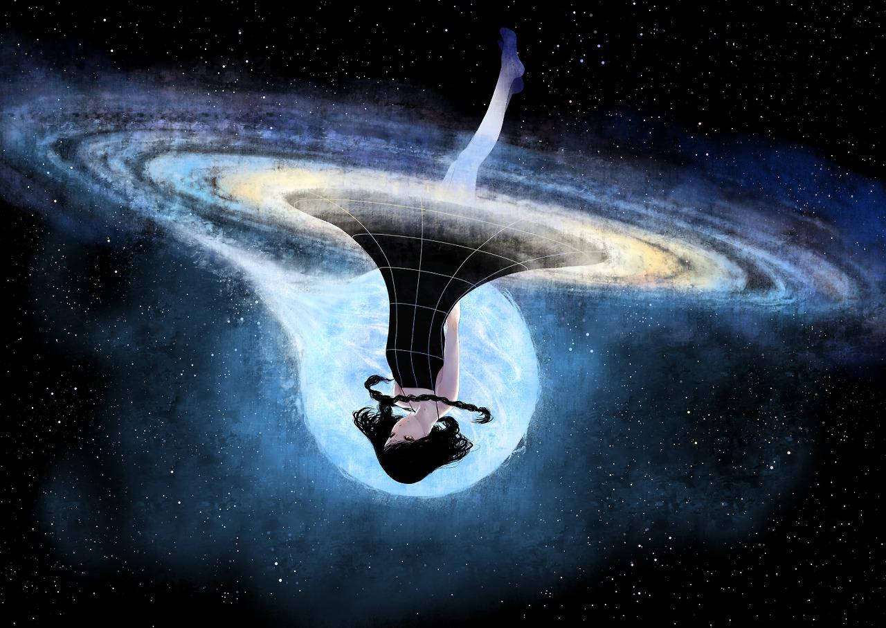 一位女性倒掛在發光的宇宙漩渦中，周圍環繞著星星。