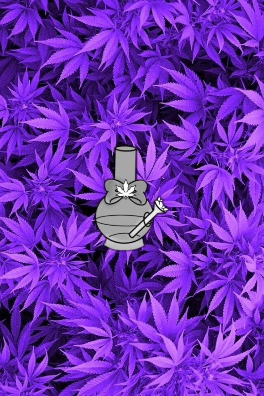 灰色水煙槍帶有大麻葉標誌，被紫色大麻葉包圍。