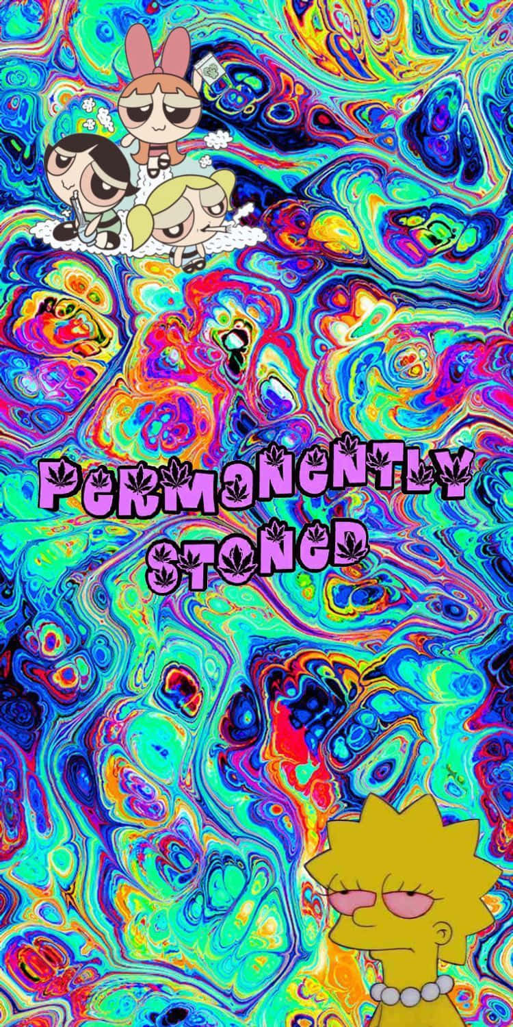 卡通角色在旋轉的霓虹背景上，帶有 'PERMANENTLY STONED' 文字。