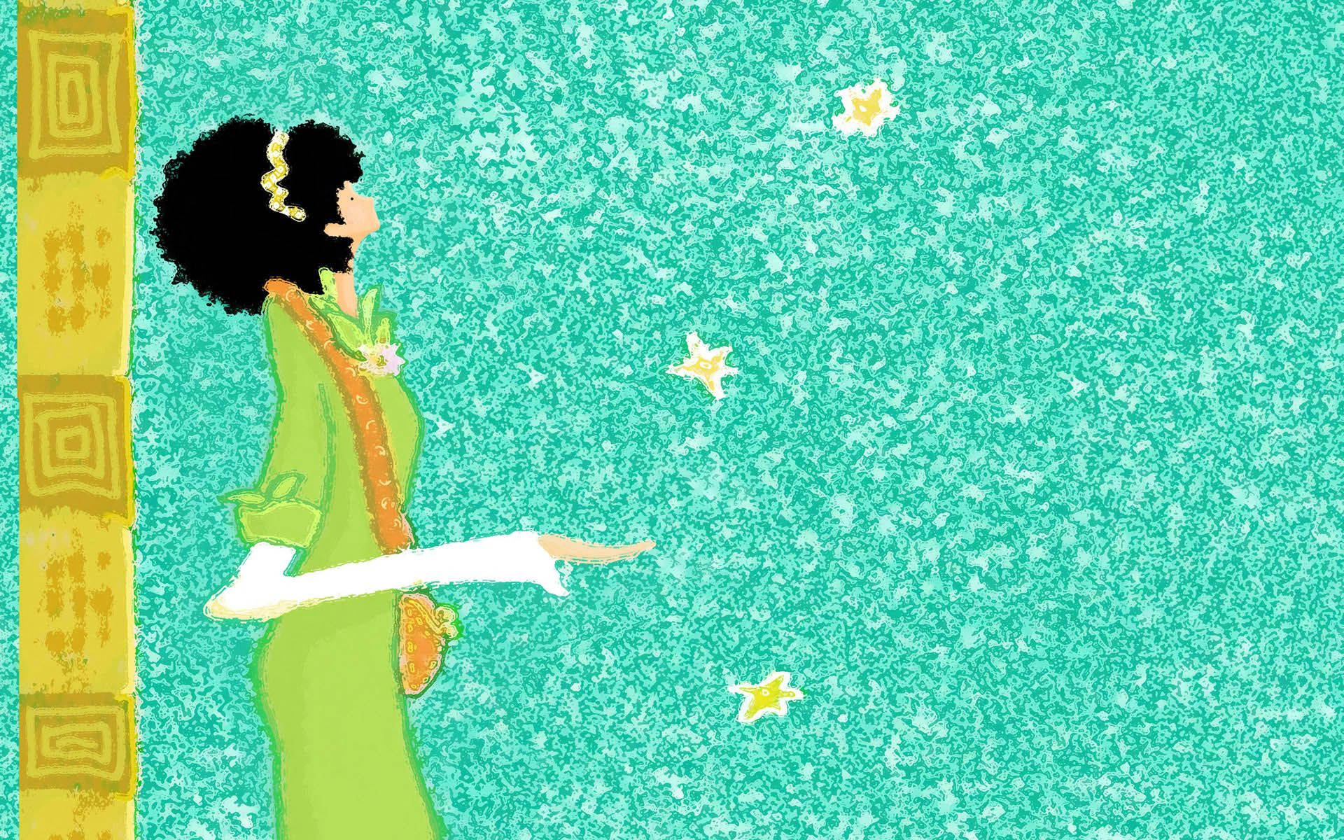 一位穿著綠色連衣裙的女性，在紋理青綠色背景上釋放發光的星星。