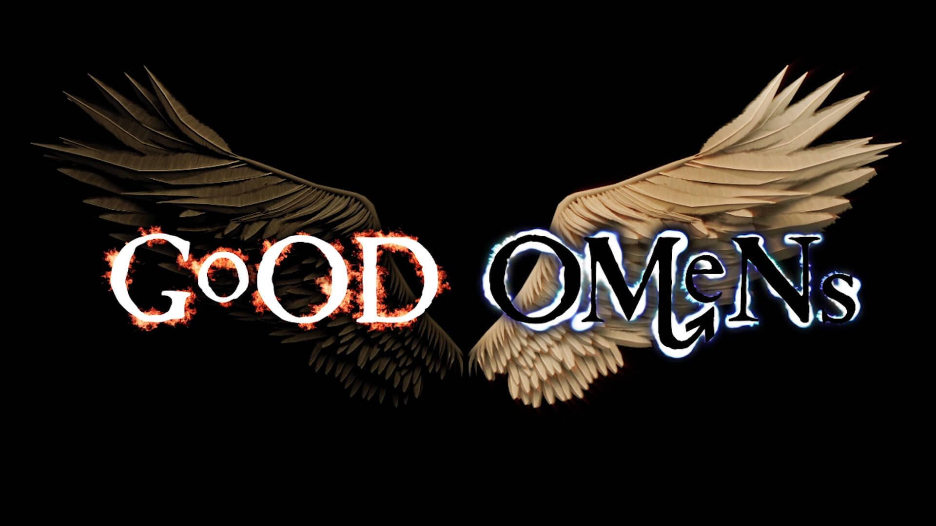 Good Omens 標誌，左翼如火，右翼如冰，置於黑色背景上。