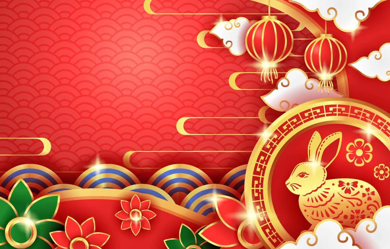 好奇兔兔的萌態 壁紙 — 充滿活力的紅色和金色中國新年壁紙， featuring 兔子燈籠、雲朵和花卉圖案。