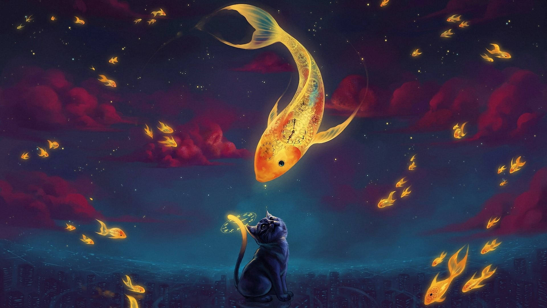 黑貓看著發光的魚在城市上空的魔法夜空中游動。