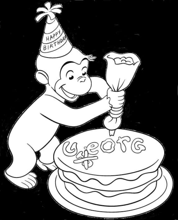 好奇的乔治生日蛋糕裝飾 壁紙 — 好奇喬治戴上生日帽，用糖霜裝飾蛋糕，同時開心地微笑。
