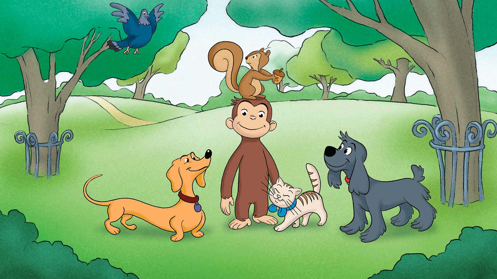 好奇喬治與寵物在公園裡，頭上有松鼠