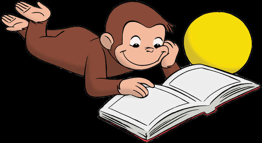好奇的喬治月光下閱讀 壁紙 — 好奇猴喬治趴在地上看書，身後有一個明亮的黃色太陽。