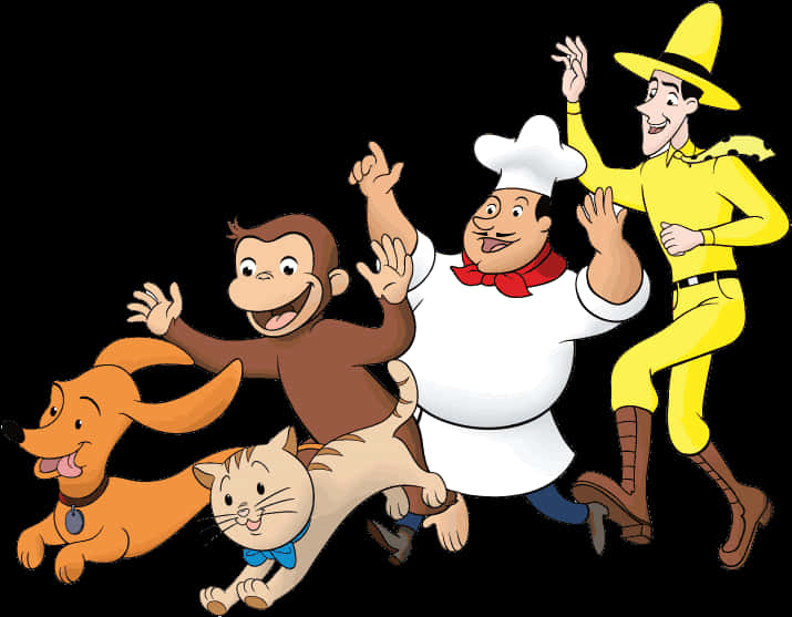 好奇的喬治與朋友插畫 壁紙 — Curious George 和他的朋友們在黑色背景上以充滿活力的卡通風格歡快地奔跑。