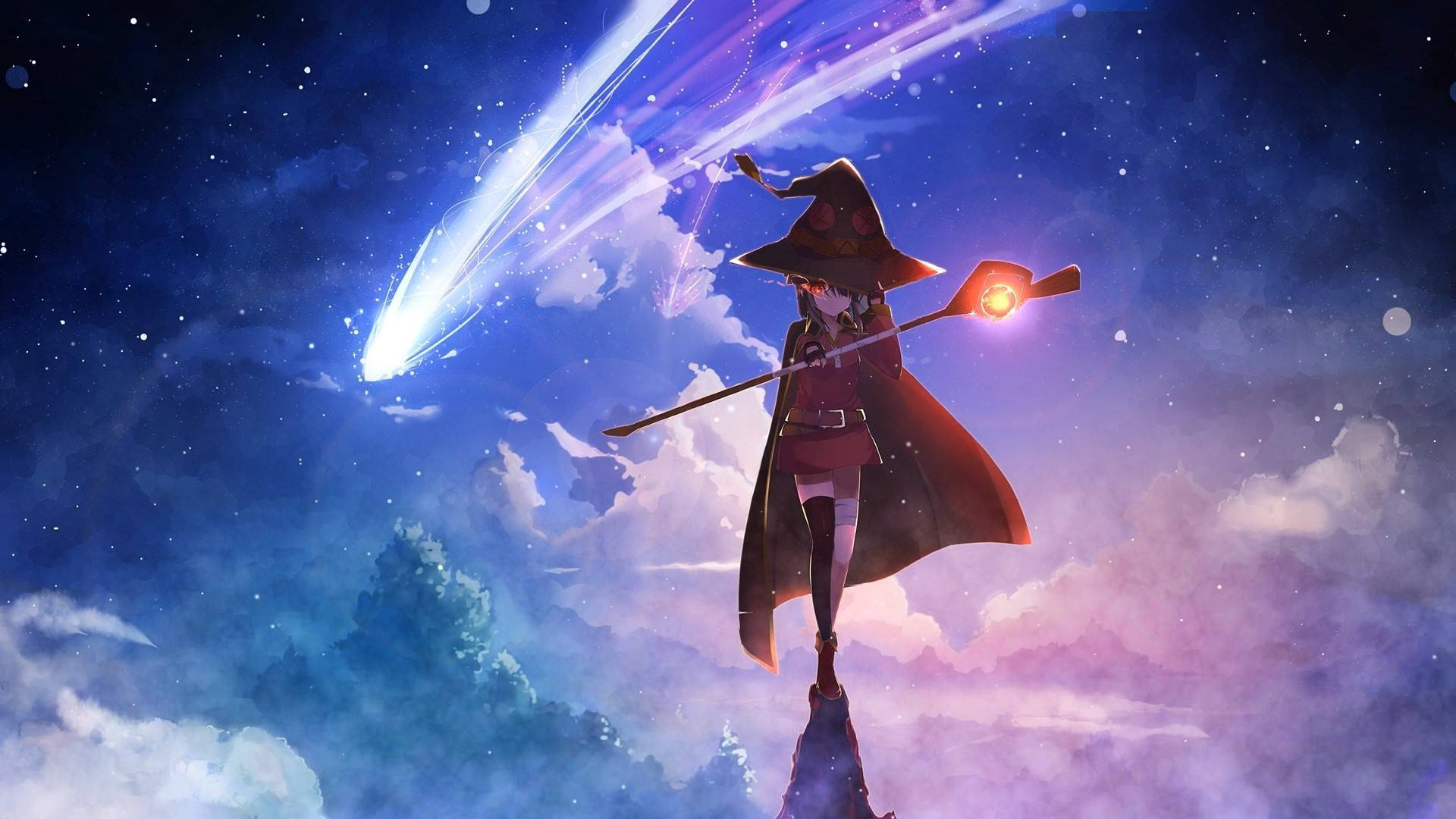 一位手持發光法杖的女巫站在岩石上，彗星飛過繁星點點的夜空。