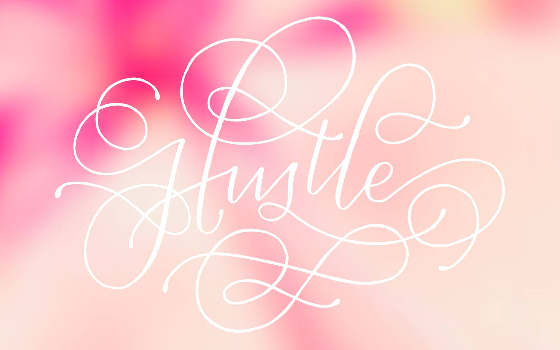 優雅的白色書法拼寫「Hustle」在柔和的粉紅漸變背景上。