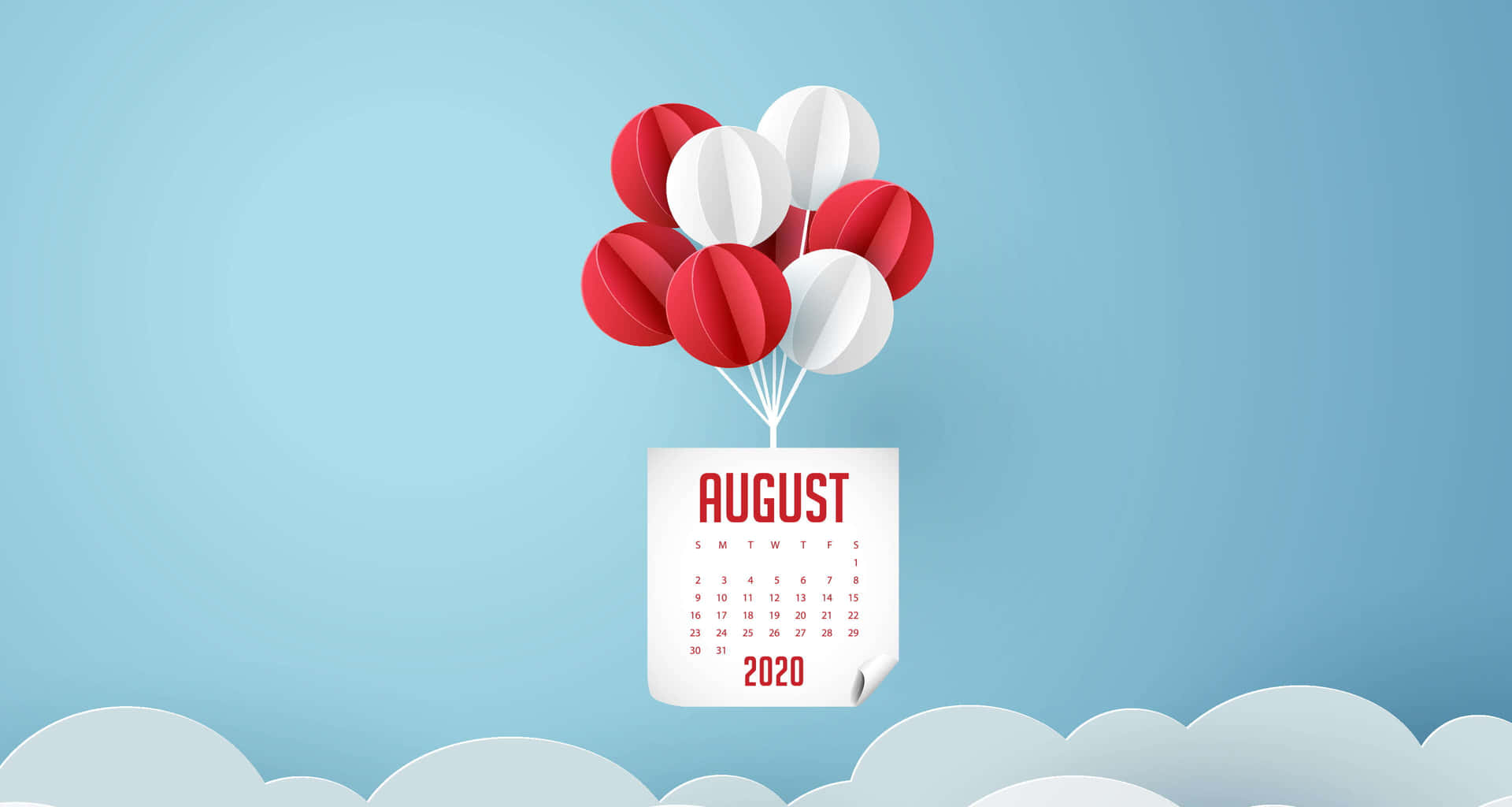 2020年8月的日曆被紅色和白色的氣球抬起，漂浮在雲層之上。