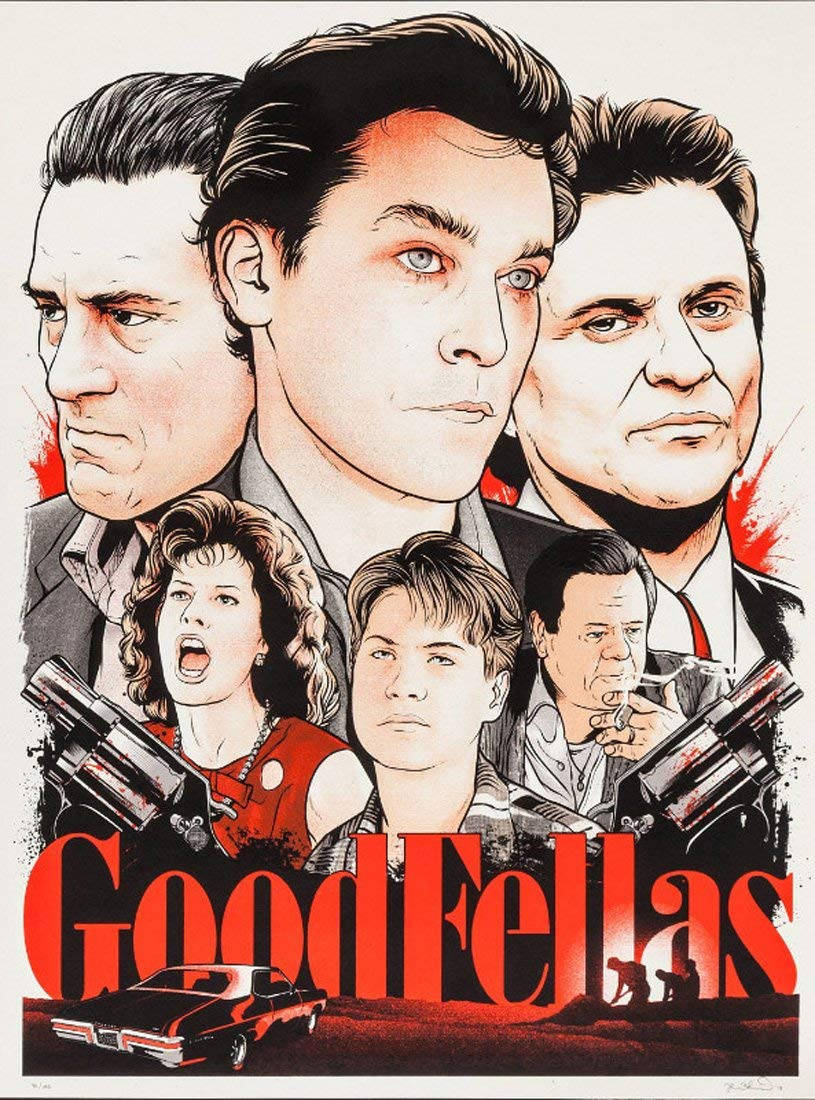 GoodFellas 電影海報，帶有風格化的角色肖像和紅色槍支。