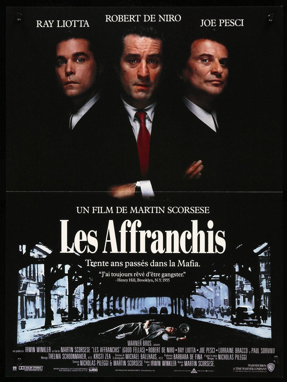 電影《Les Affranchis》的海報，有三個穿西裝的男人和一個有屍體的街景。