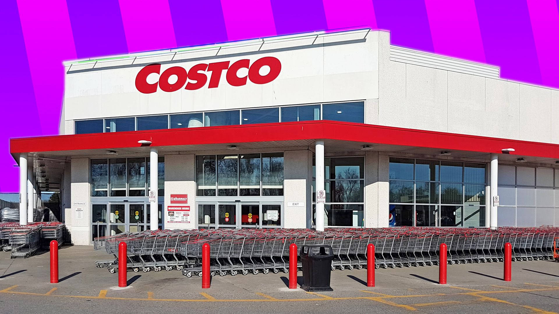 Costco商店，紅色購物車，紫色天空背景