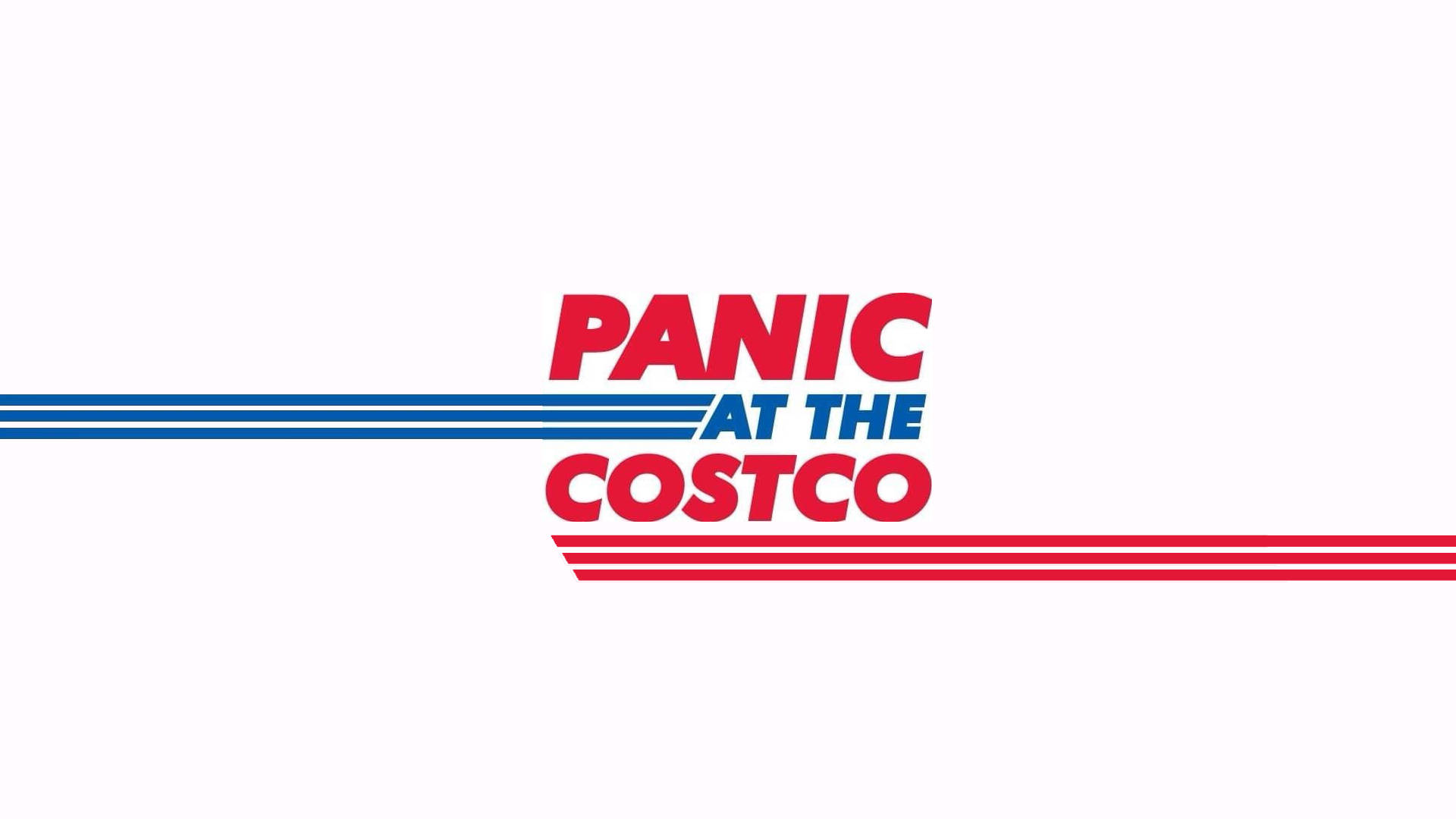Panic at the Costco 標誌，紅藍文字和條紋在白色背景上。