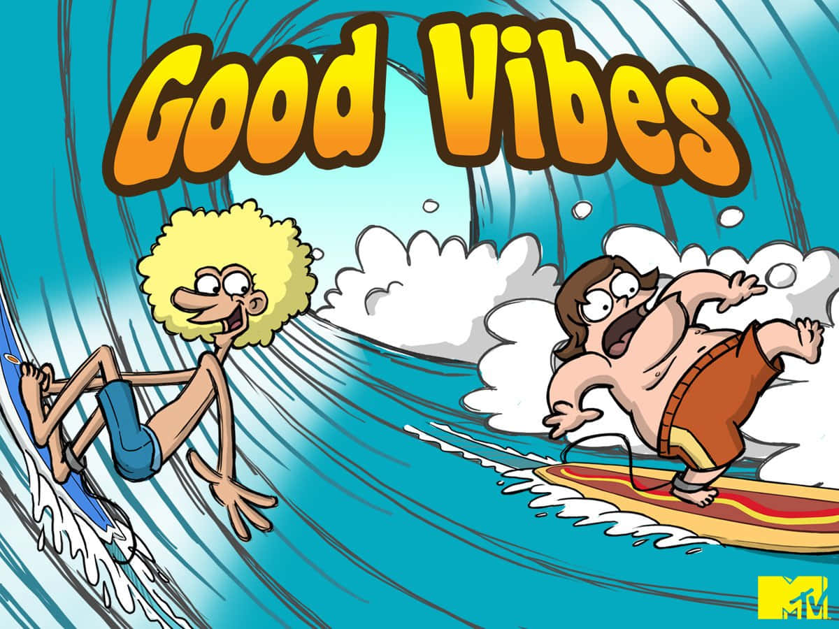 兩個卡通衝浪者騎著波浪，上面有「Good Vibes」文字。