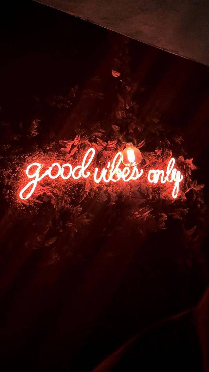 夜晚被深色樹葉包圍的紅色霓虹燈牌，上面寫著 good vibes only。