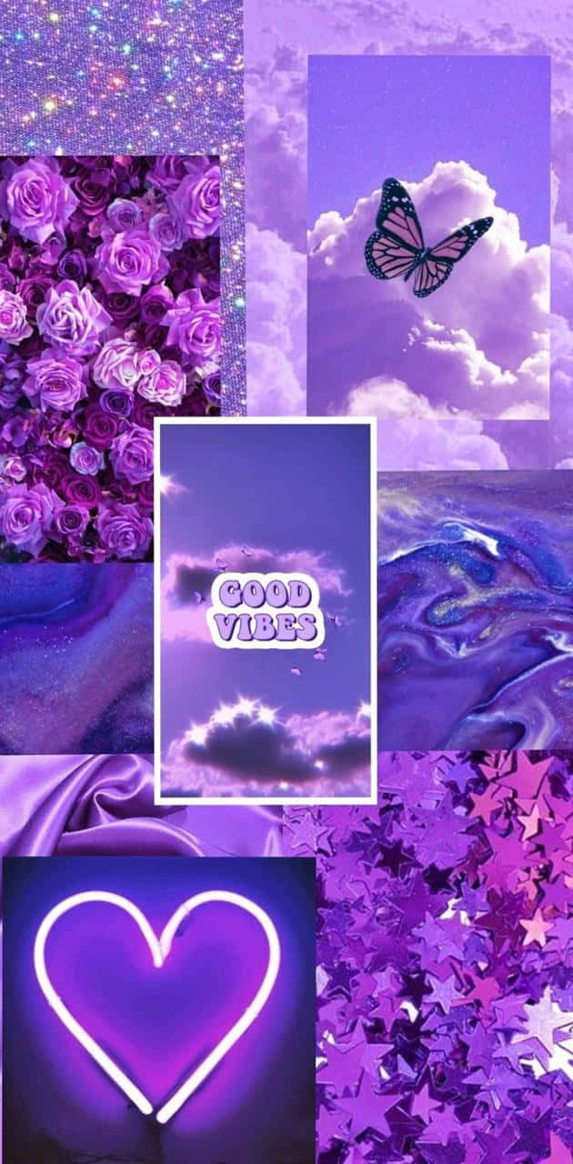 紫色主題拼貼畫，包含玫瑰、蝴蝶、閃粉、心形和「good vibes」文字。
