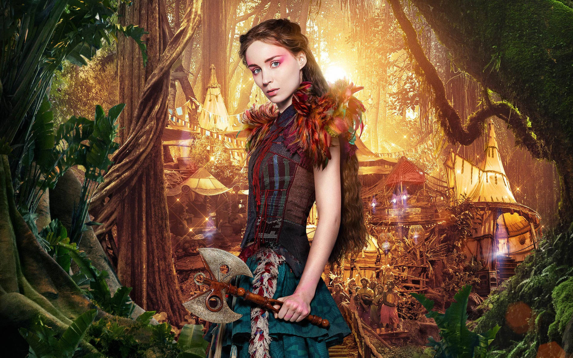 一個女戰士在發光的魔法森林村莊中拿著斧頭。