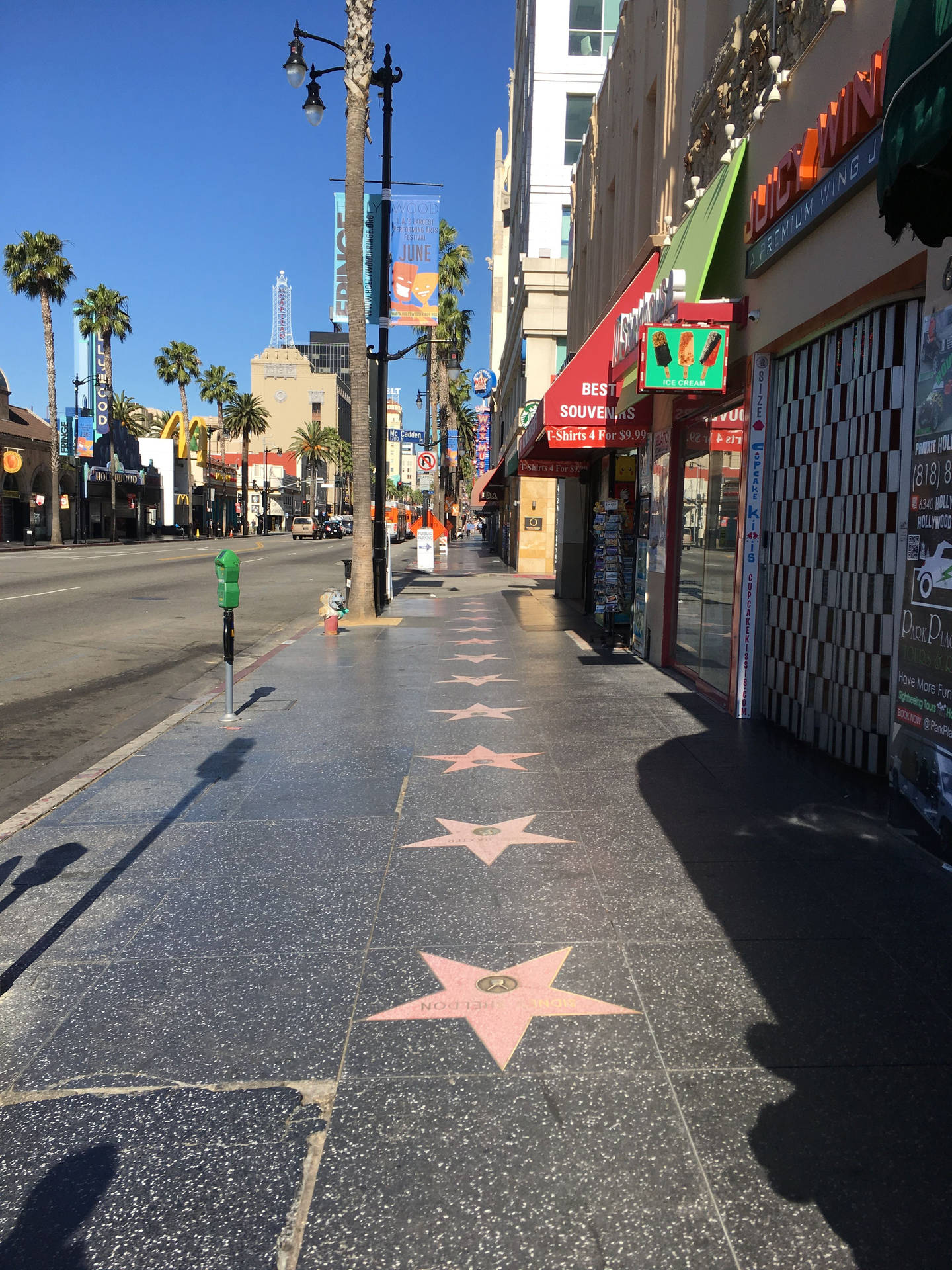 好萊塢星光大道星星在行人路上，棕櫚樹和商店在燦爛陽光下。