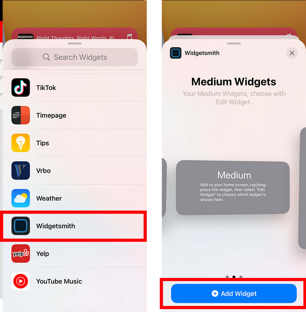 iPhone 小工具選單，突出顯示 Widgetsmith 及新增小工具按鈕