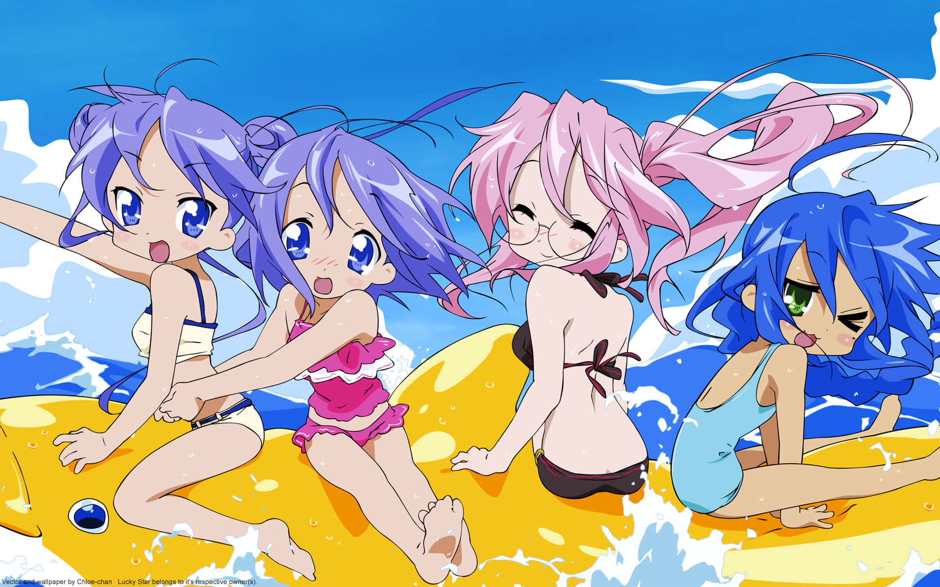 四個穿著泳衣的動漫女孩在海浪中騎著衝浪板。