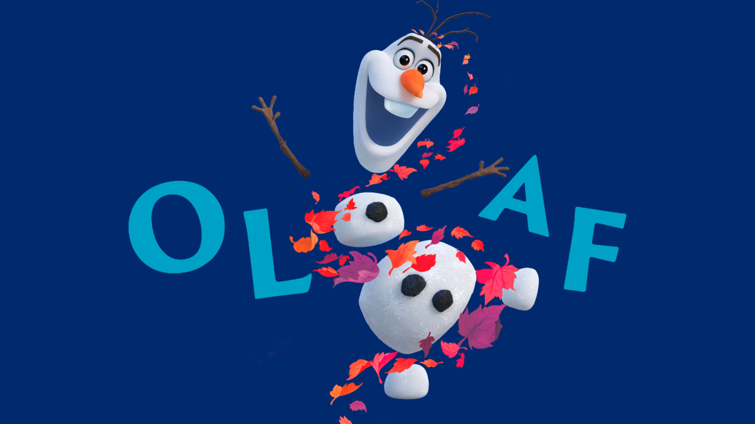 如此夏日！ 壁紙 — 《魔雪奇緣》的雪寶在深藍色背景上快樂地爆成秋葉，他的名字以青綠色字母呈現。