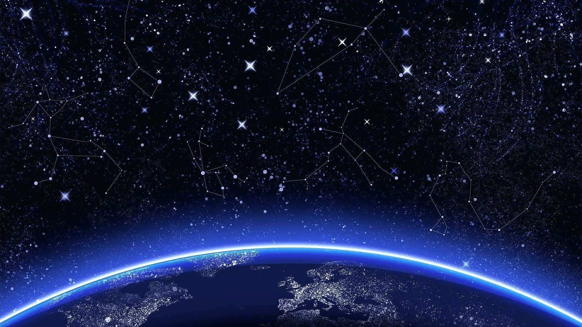 彎曲的地球在星空下閃爍著城市燈光，並有相連的星座。