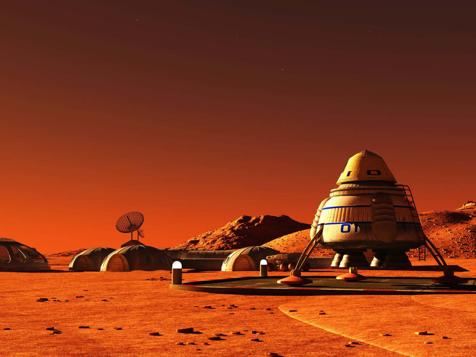 未來風格的火星基地，設有圓頂棲息地和探測車，天空呈橙色