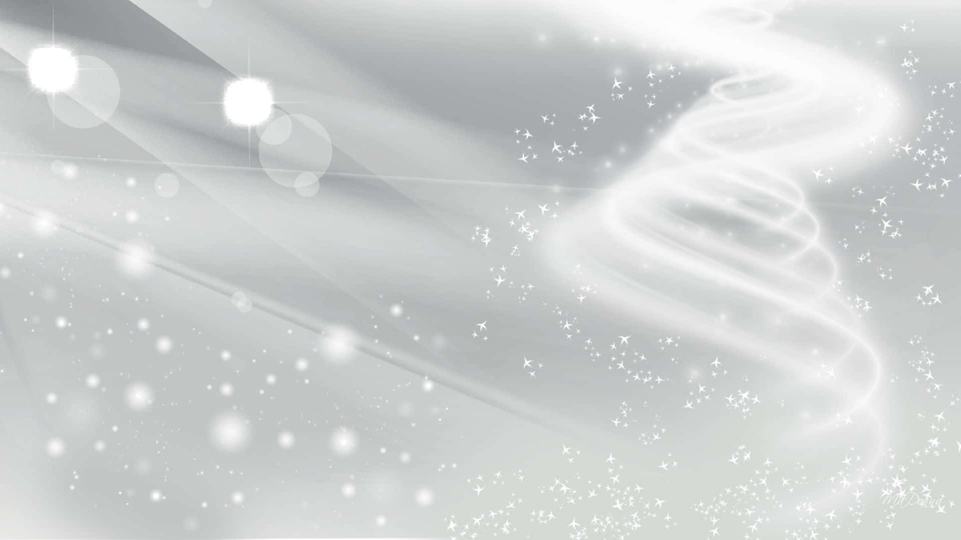 閃耀的銀色抽象背景，帶有發光的螺旋光跡和閃爍的粒子。