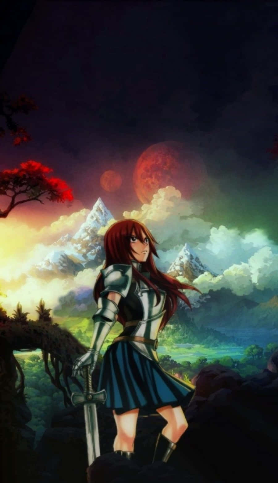 《妖精的尾巴》iPhone 壁紙：艾爾莎·斯卡雷特持劍 壁紙 — 一位紅髮動漫戰士身穿盔甲，站在懸崖頂上，手持劍，背景是戲劇性的天空，有紅色月亮和積雪覆蓋的山脈。