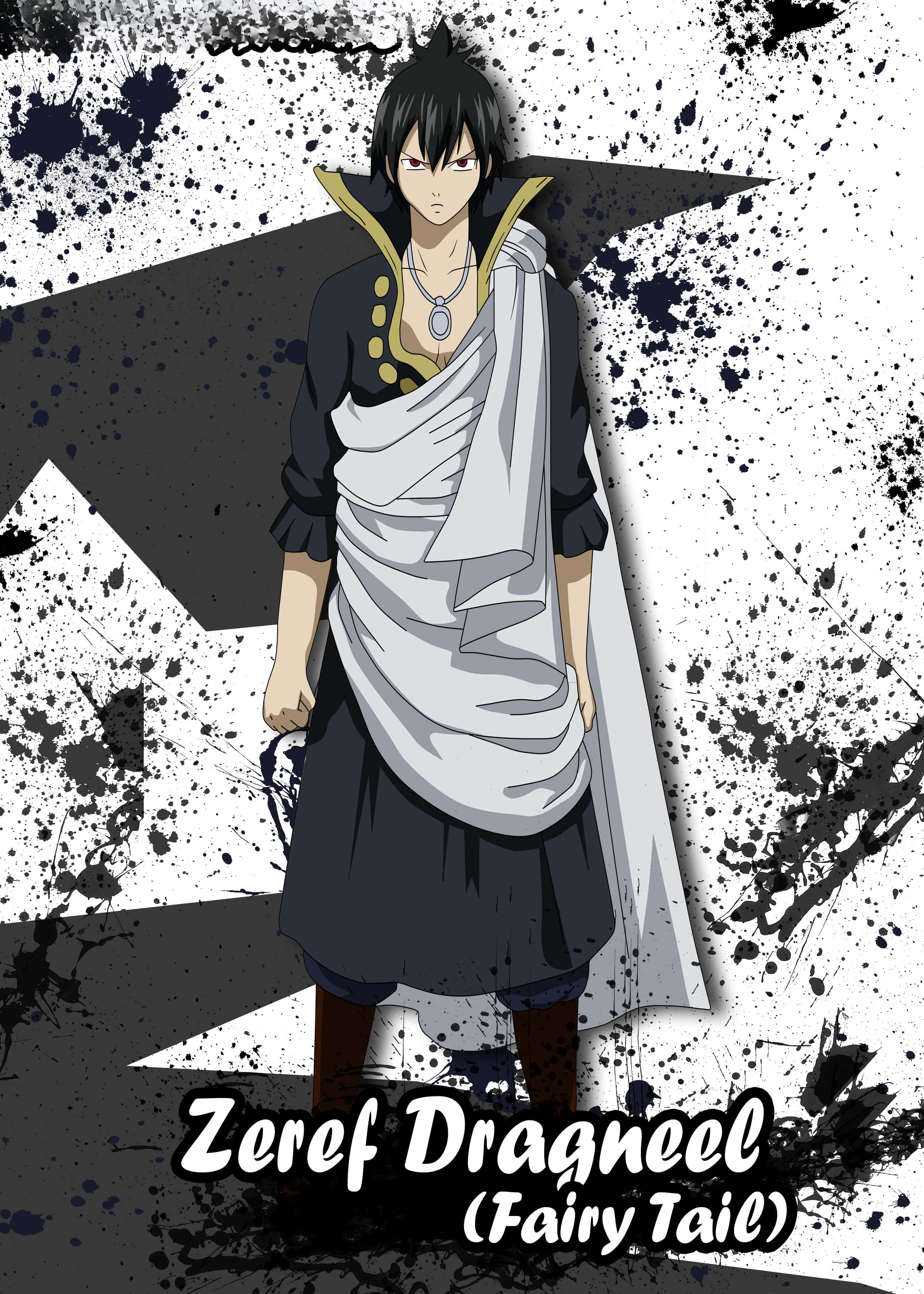 Zeref Dragneel 桌布 壁紙 — 《妖精的尾巴》中的動漫角色澤雷夫·多拉格尼爾莊嚴地站在黑白潑濺背景前。